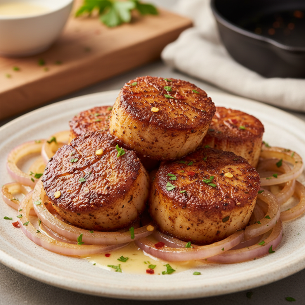 Spicy Cajun Seared Scallops with Sautéed Red Onions recipe