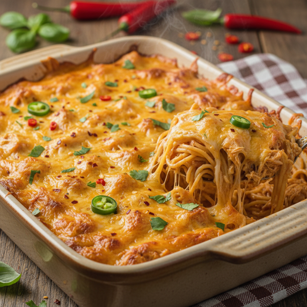 Spicy Cheesy Chicken Spaghetti Casserole recipe