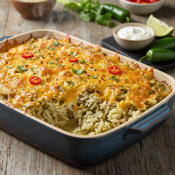 Spicy Cheesy Green Chili Rice Bake recipe