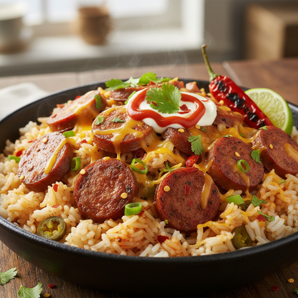Spicy Cheesy Sausage Rice Bowl recipe