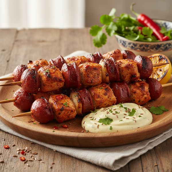 Spicy Chicken & Chorizo Skewers with Creamy Cumin Aioli recipe