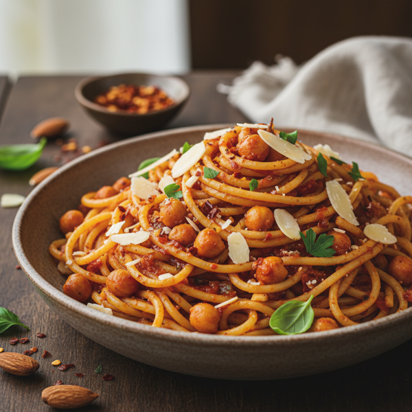 Spicy Chickpea Spaghetti with Almonds and Parmesan recipe