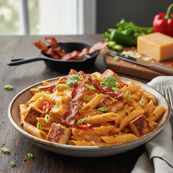Spicy Creamy Chicken Penne with Pepper Jack and Bacon recipe