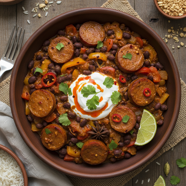 Spicy Curried Kielbasa and Black Bean Bowl recipe