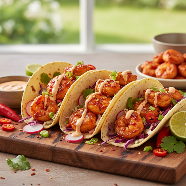 Spicy Firecracker Shrimp Tacos with Creamy Chili Drizzle recipe