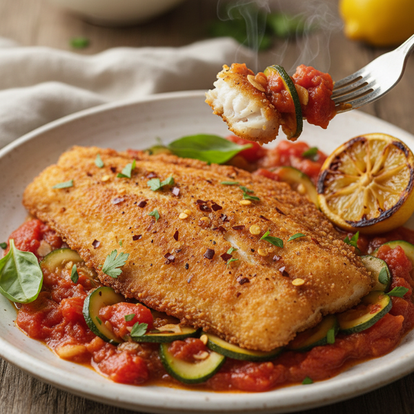 Spicy Fried Flounder with Zucchini & Tomato Sauce recipe