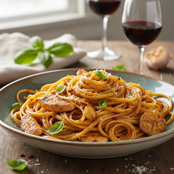 Spicy Garlic Basil Chicken Linguine recipe