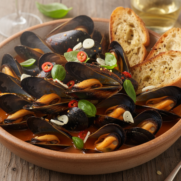 Spicy Garlic Basil Mussels recipe