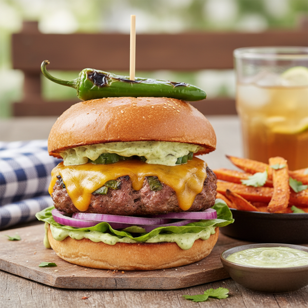 Spicy Green Chile Cheddar Turkey Burgers recipe