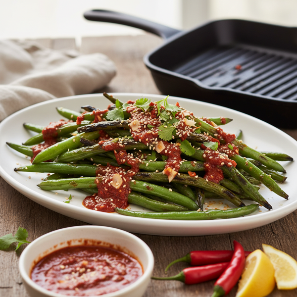 Spicy Grilled Green Beans with Harissa Vinaigrette recipe