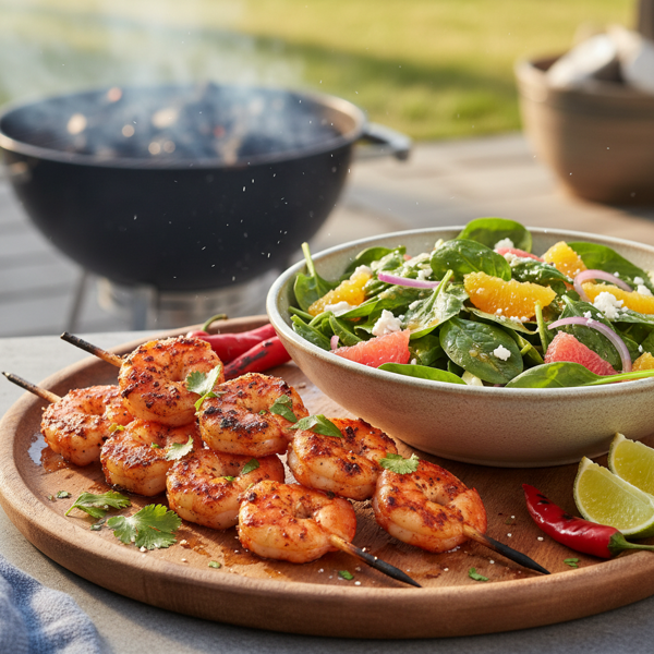 Spicy Grilled Shrimp Skewers with Citrus Spinach Salad recipe