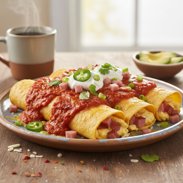 Spicy Ham & Egg Breakfast Enchiladas recipe