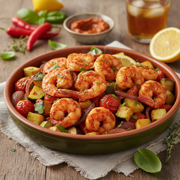Spicy Harissa Roasted Shrimp with Savory Zucchini and Eggplant Medley recipe