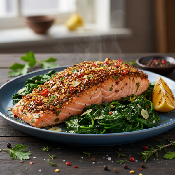 Spicy Herb-Crusted Salmon on a Bed of Sautéed Spinach recipe