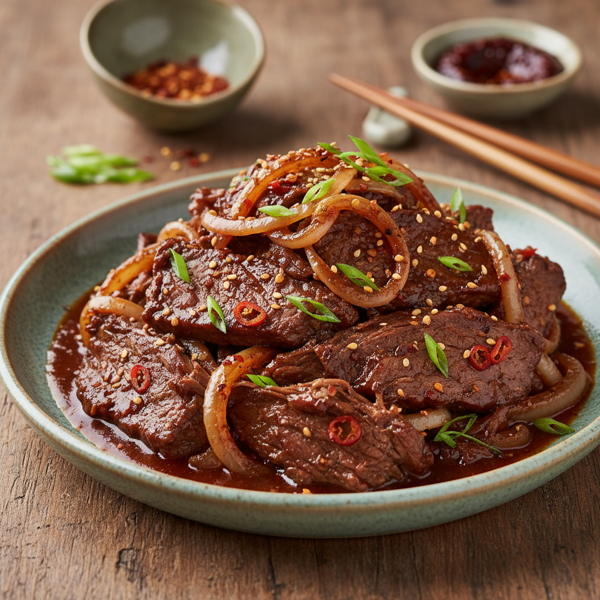 Spicy Hoisin Braised Beef with Caramelized Onions recipe