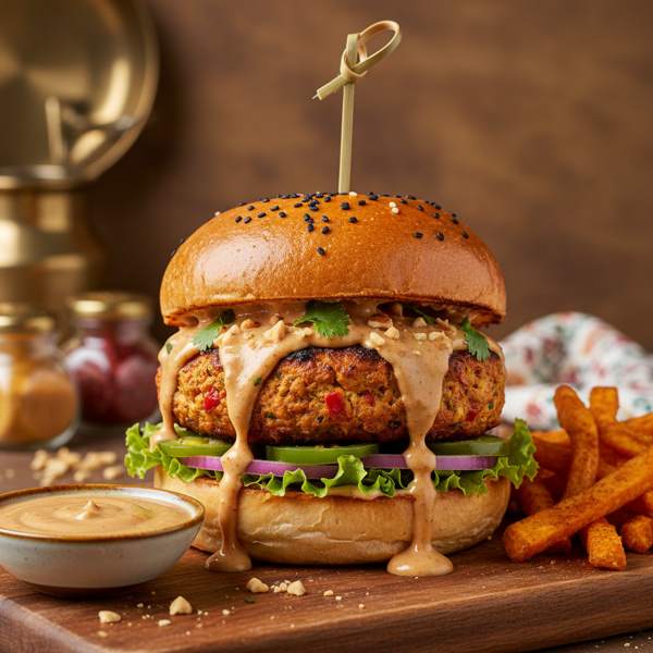 Spicy Indian Chicken Burgers with Creamy Peanut Sauce recipe