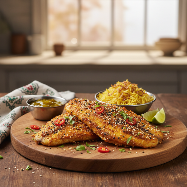 Spicy Indian Plaice with Sesame Crunch recipe