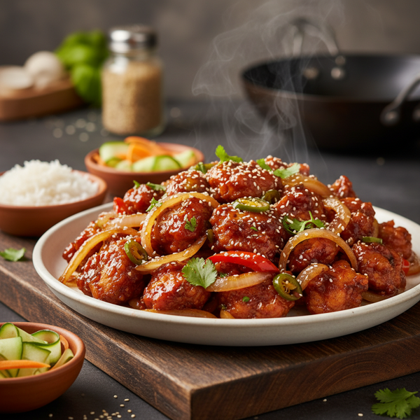 Spicy Indo-Chinese Chili Chicken with Caramelized Onions recipe