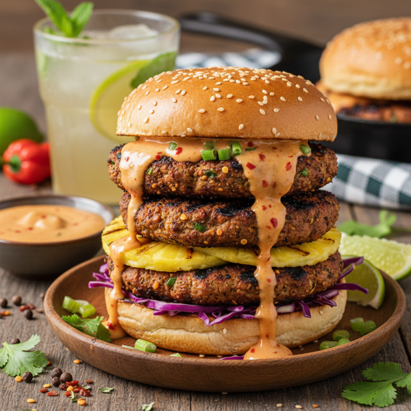Spicy Jamaican Jerk Burgers with Zesty Orange-Chipotle Dressing recipe