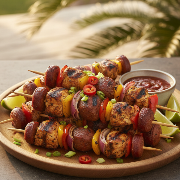 Spicy Jamaican Jerk Chicken & Sausage Kebabs recipe