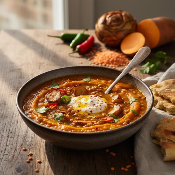Spicy Jerusalem Artichoke and Sweet Potato Lentil Soup recipe