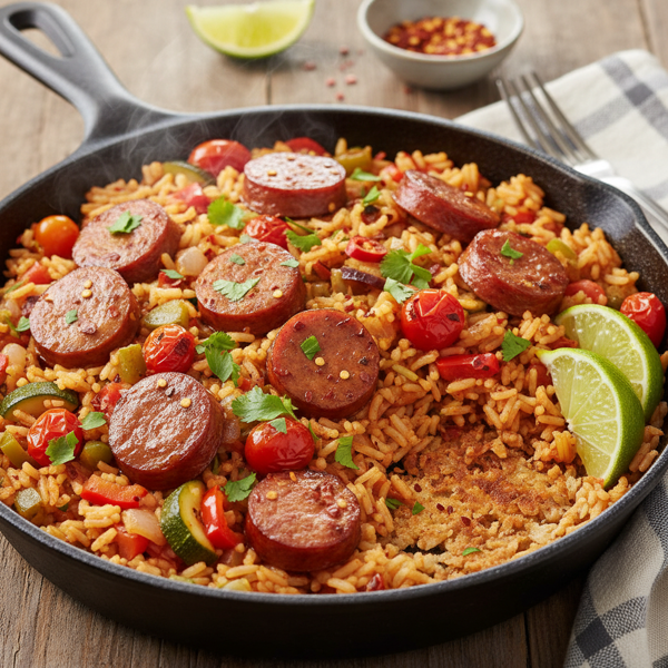 Spicy Kielbasa and Vegetable Rice Skillet recipe