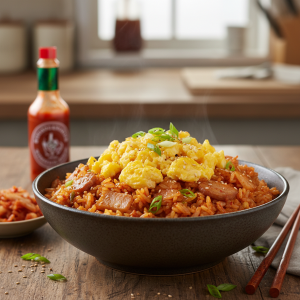 Spicy Kimchi Fried Rice with Scrambled Eggs recipe