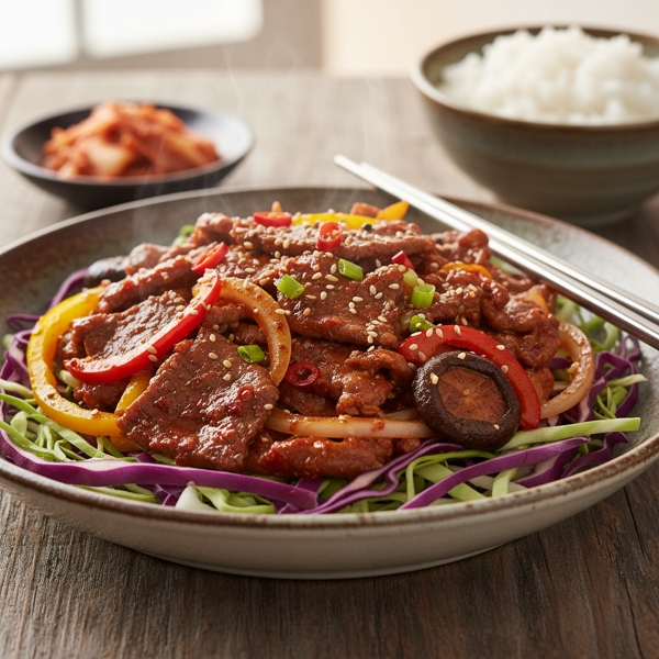 Spicy Korean Beef Stir-Fry on Vibrant Cabbage Bed recipe
