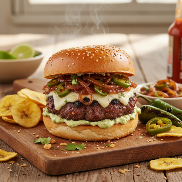 Spicy Latin Burger with Sweet Onion and Jalapeño Relish recipe