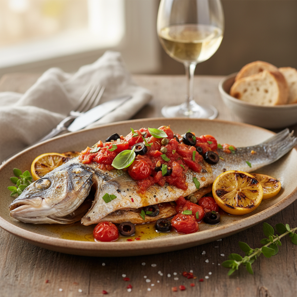 Spicy Mediterranean Branzino with Tomato and Olive Sauce recipe