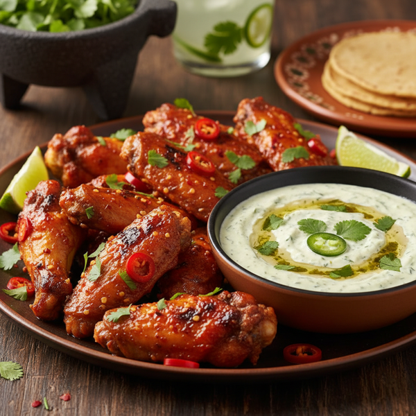 Spicy Mexican Chicken Wings with Creamy Jalapeno Cilantro Dip recipe