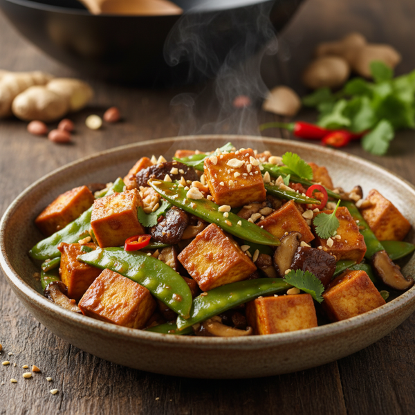 Spicy Peanut Tofu Stir-Fry with Snow Peas and Shiitake Mushrooms recipe