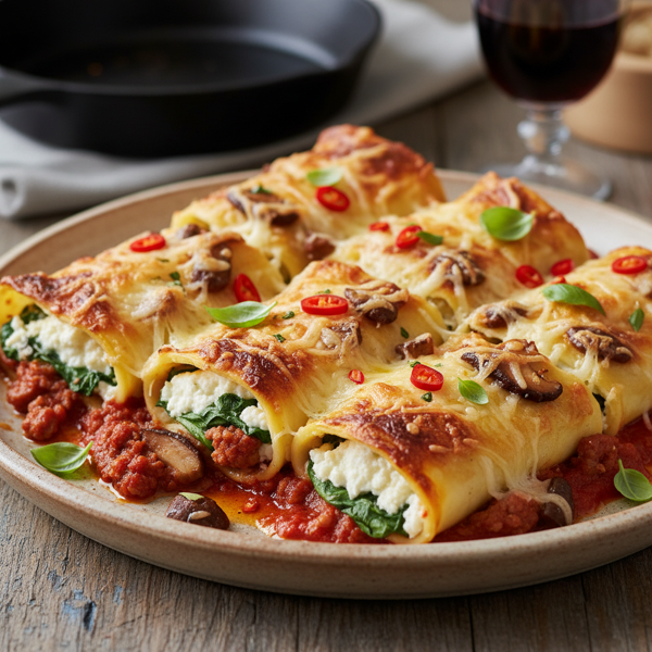 Spicy Pork and Mushroom Lasagna Roll-Ups recipe