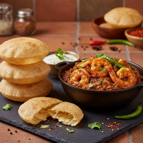 Spicy Prawn Bhuna with Flaky Puris recipe
