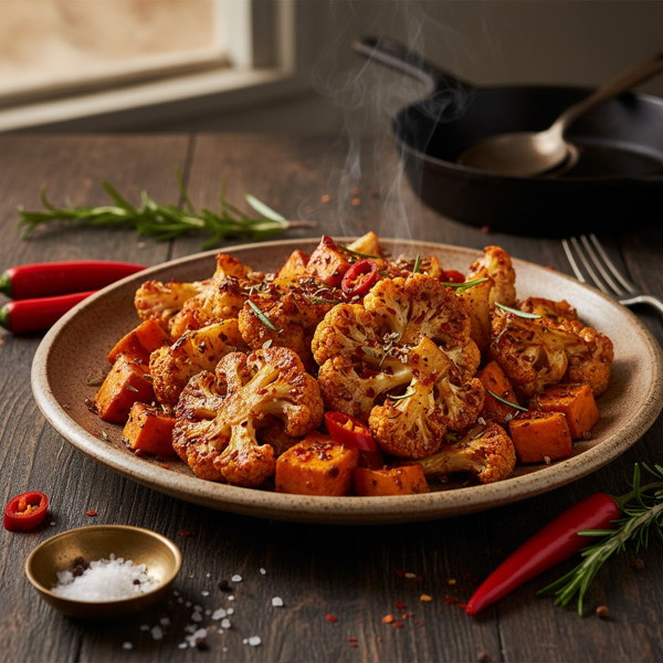 Spicy Roasted Cauliflower and Sweet Potato Medley recipe