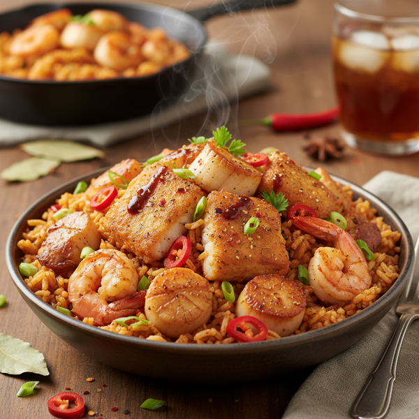 Spicy Seafood Jambalaya with Catfish, Scallops, and Shrimp recipe