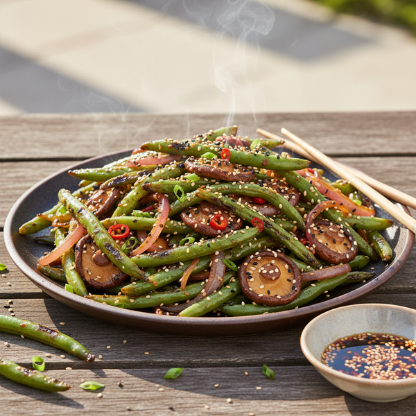 Spicy Sesame-Grilled Green Beans with Mushrooms and Onions recipe