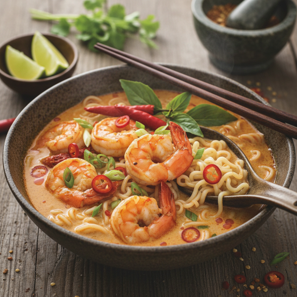 Spicy Shrimp Coconut Curry Noodle Soup recipe