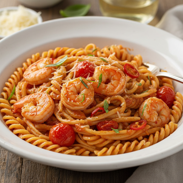 Spicy Shrimp Linguine in Creamy Tomato-Chili Sauce recipe
