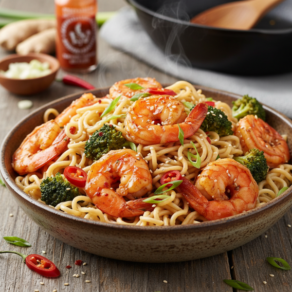Spicy Shrimp & Broccoli Stir-Fry with Noodles recipe