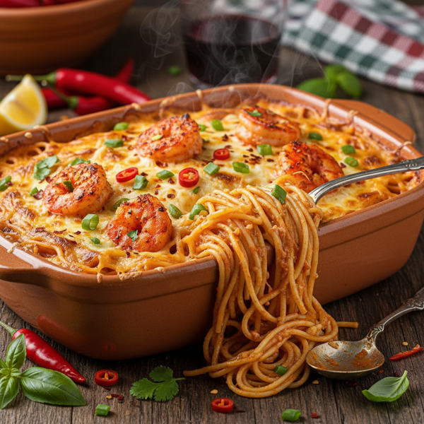 Spicy Shrimp and Cheesy Spaghetti Bake recipe