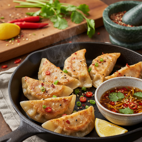 Spicy Shrimp and Pork Potstickers with Zesty Dipping Sauce recipe