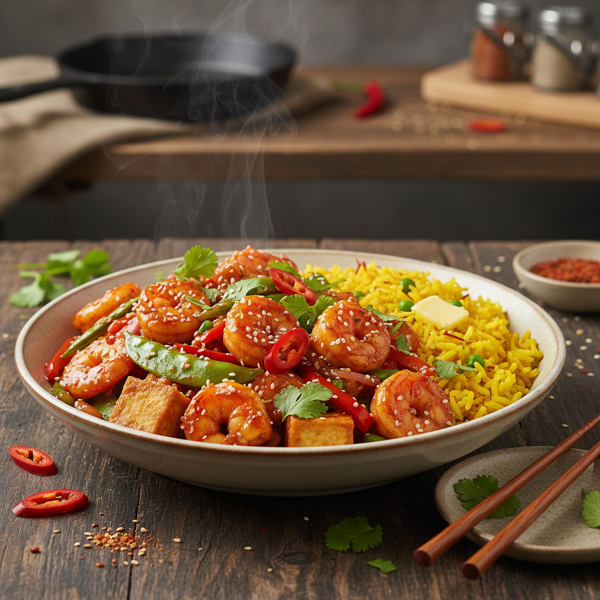 Spicy Shrimp and Tofu Stir-Fry with Yellow Rice recipe