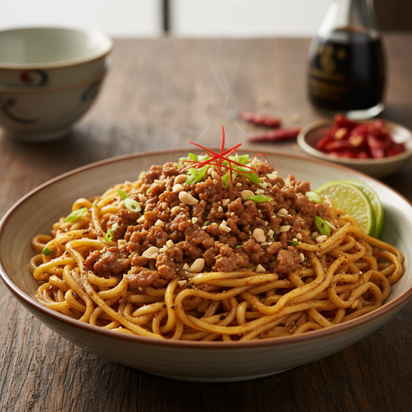 Spicy Sichuan Noodles with Pork and Peanut Sauce recipe