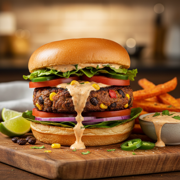 Spicy Southwest Black Bean Burgers with Creamy Chipotle Sauce recipe