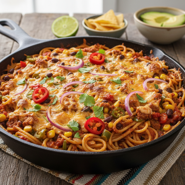 Spicy Southwestern Vegan Baked Spaghetti recipe