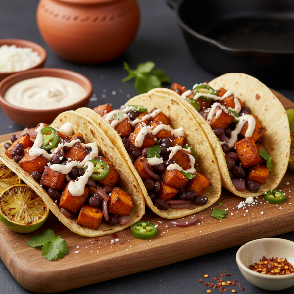 Spicy Sweet Potato and Navy Bean Tacos with Chipotle Crema recipe