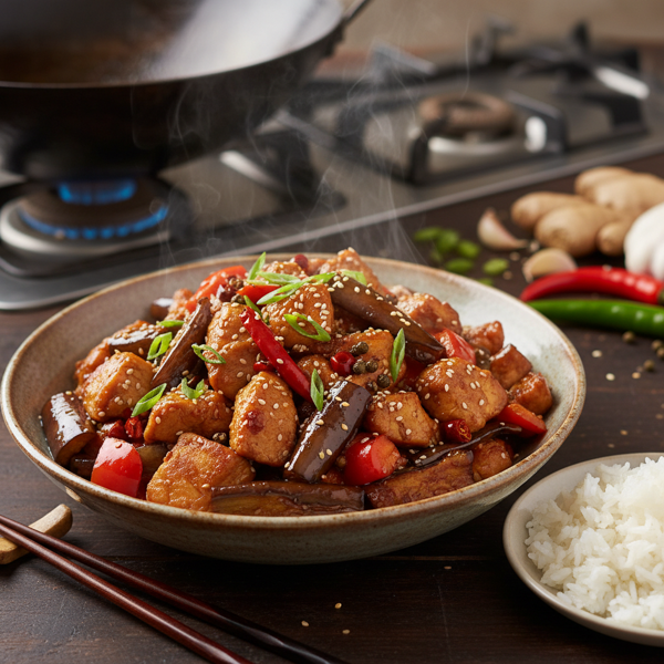 Spicy Szechuan-Style Chicken and Eggplant Stir-Fry recipe