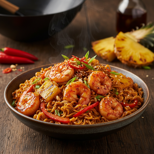Spicy Szechuan Shrimp and Pineapple Ramen Stir-Fry recipe