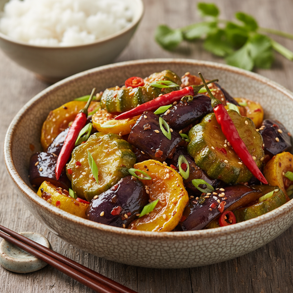 Spicy Szechuan Style Eggplant and Summer Squash Medley recipe